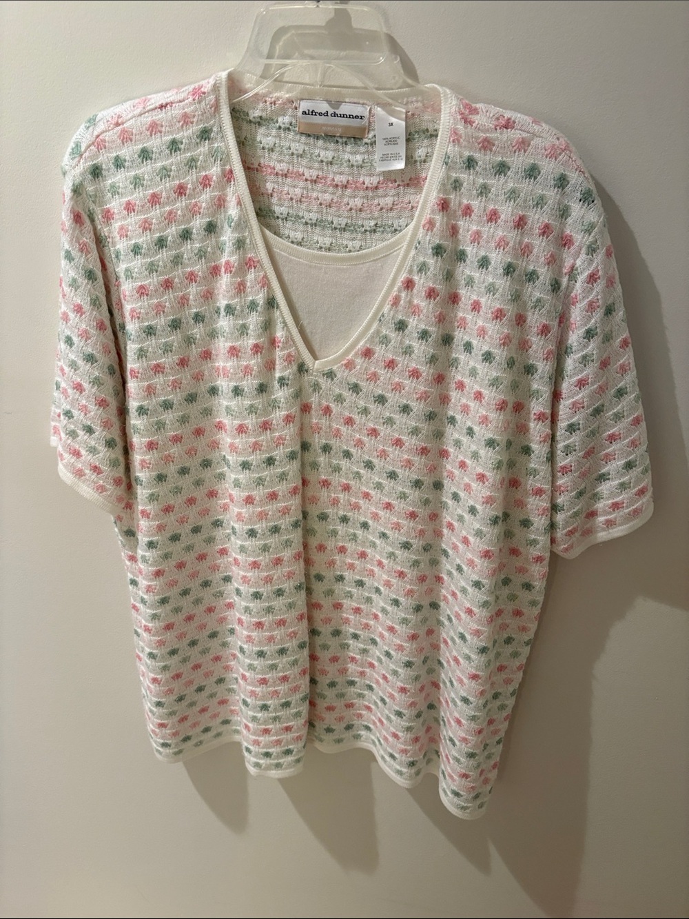 Alfred Dunner Cream V-Neck Short Sleeve Knit Top with Pink & Green Mini Pattern